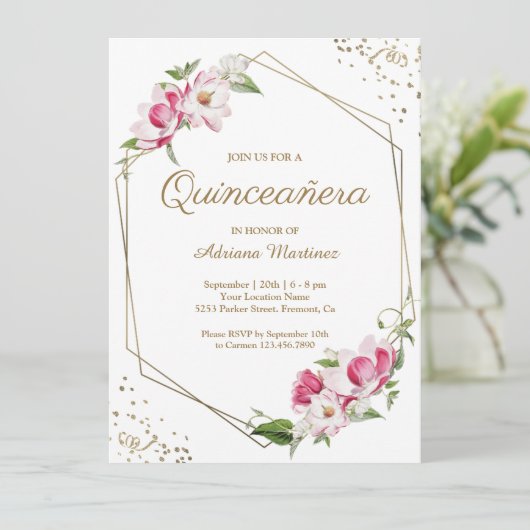 ピンクフローラ幾何学的金ゴールドフレームキンセアニェラ 招待状 (スタンド正面)