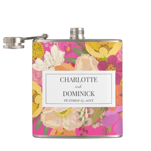 ピンクフローラ庭園の結婚式カップル名 フラスク (オープン)