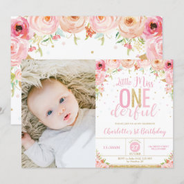 ピンクフローラ恋しく思1歳の誕生日写真 招待状