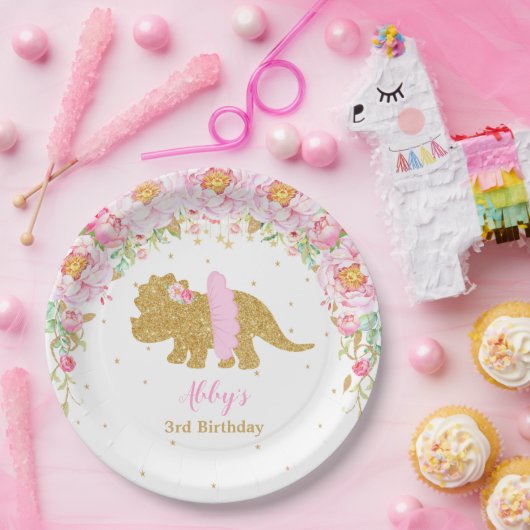 ピンクフローラ恐竜バースデーパーティートリケラトプス ペーパープレート (パーティー)