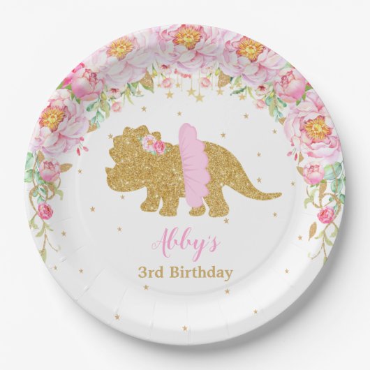 ピンクフローラ恐竜バースデーパーティートリケラトプス ペーパープレート (正面)