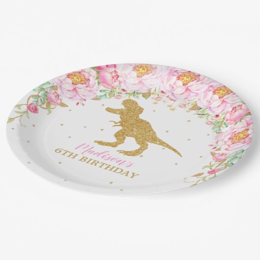 ピンクフローラ恐竜バースデーパーティーTレックス ペーパープレート (アングル)