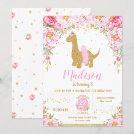 ピンクフローラ恐竜ブラチオサウルス誕生日ガール 招待状