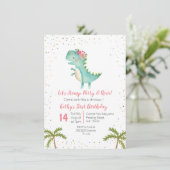 ピンクフローラ恐竜誕生日ガール招待状 招待状 (スタンド正面)