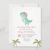 ピンクフローラ恐竜誕生日ガール招待状 招待状 (正面)