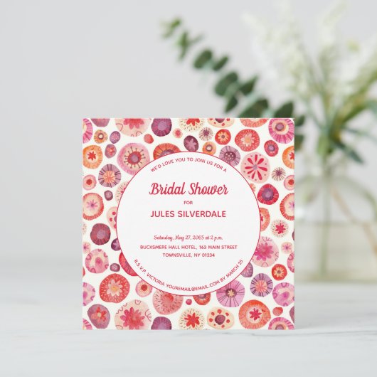 ピンクフローラ抽象芸術パターンブライダルシャワー 招待状 (スタンド正面)