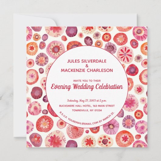 ピンクフローラ抽象芸術パターン結婚夕べ 招待状 (正面)