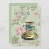 ピンクフローラ春ブライダルシャワー茶パーティー 招待状 (正面/裏面)