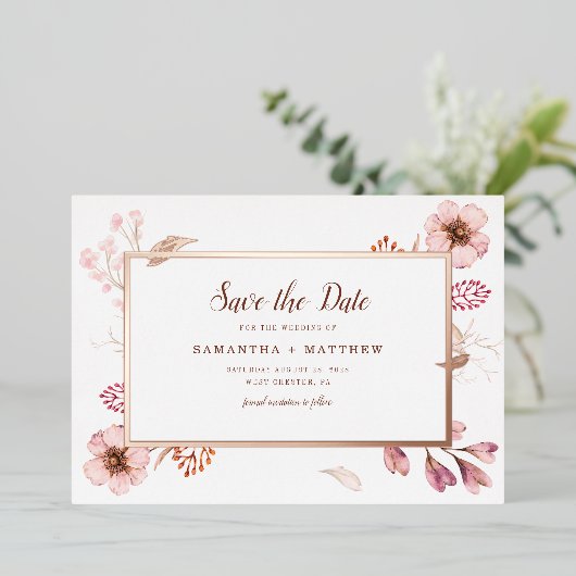 ピンクフローラ植物保存日結婚付 箔招待状 (立ち正面)