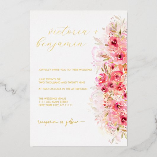 ピンクフローラ植物園カラフルの結婚金ゴールド 箔招待状 (正面)