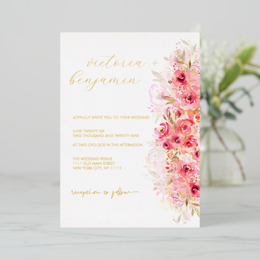 ピンクフローラ植物園カラフルの結婚金ゴールド 箔招待状 (立ち正面)