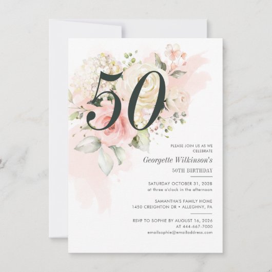 ピンクフローラ植物学50歳の誕生日パーティー 招待状 (正面)