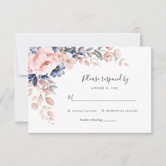 ピンクフローラ植物性の緑の結婚葉 出欠カード (正面)