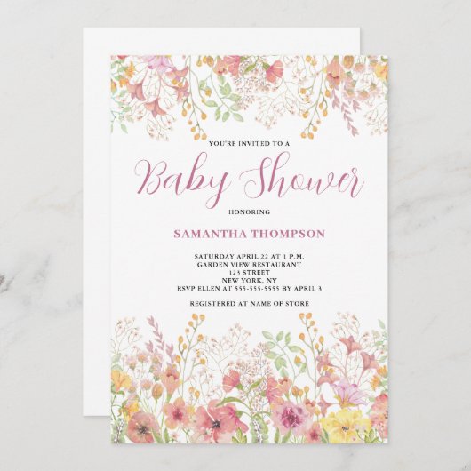 ピンクフローラ植物性ベビーシャワー招待状 招待状 (正面/裏面)