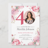 ピンクフローラ水カスタム色フォト40歳の誕生日 招待状 (正面)