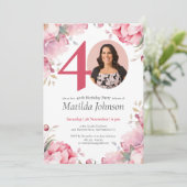 ピンクフローラ水カスタム色フォト40歳の誕生日 招待状 (スタンド正面)