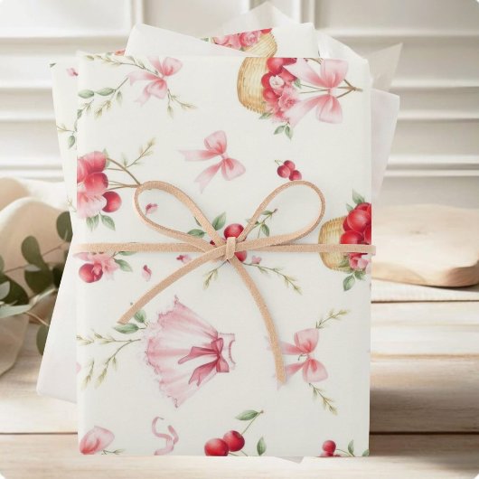 ピンクフローラ水彩さくらんぼ包装紙 ラッピングペーパーシート