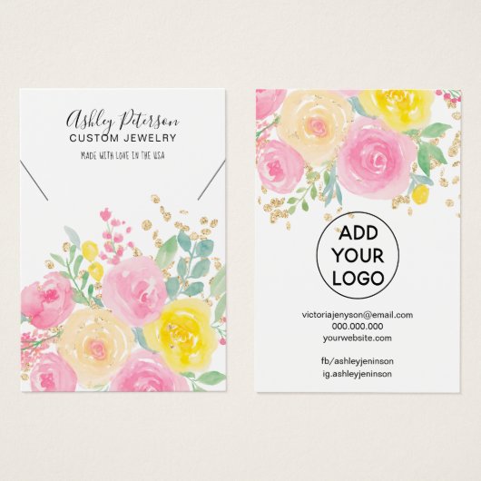 ピンクフローラ水彩ジュエリーネックレスディスプレイ (正面&裏面)