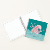 ピンクフローラ水彩ティール(緑がかった色)エレガントお名前 ノートブック (内部)