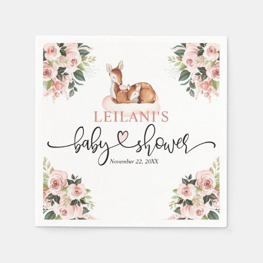ピンクフローラ水彩ディアベビーシャワー スタンダードカクテルナプキン (正面)