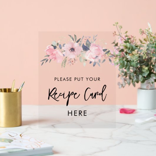 ピンクフローラ水彩ブライダルシャワーレシピ アクリルサイン (ウェディング)