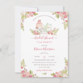 ピンクフローラ水彩ブライダルシャワー茶パーティー 招待状 (正面)