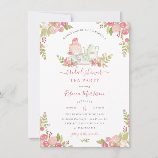 ピンクフローラ水彩ブライダルシャワー茶パーティー 招待状 (正面)