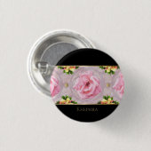ピンクフローラ水彩モノグラム名 缶バッジ (正面&裏面)