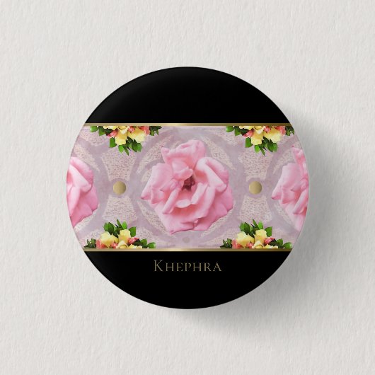 ピンクフローラ水彩モノグラム名 缶バッジ (正面)