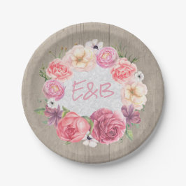 ピンクフローラ水彩リース素朴ウッド結婚ズ ペーパープレート