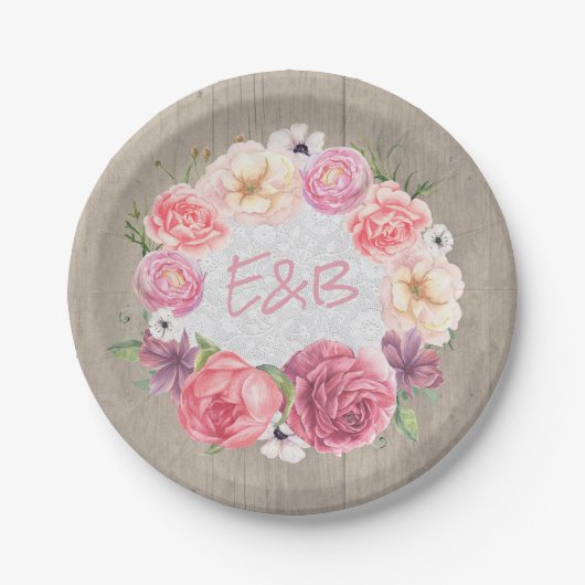 ピンクフローラ水彩リース素朴ウッド結婚ズ ペーパープレート (正面)