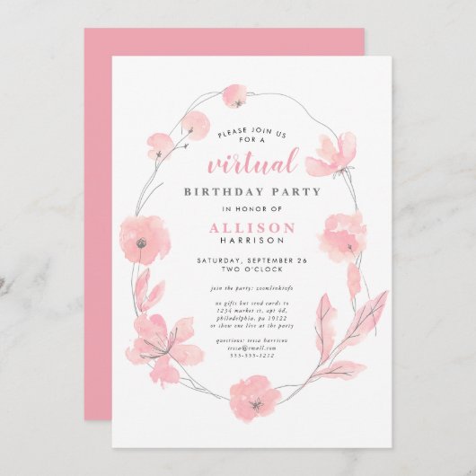 ピンクフローラ水彩仮想誕生日パーティー 招待状 (正面/裏面)