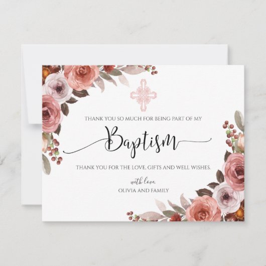 ピンクフローラ水彩少女のバプテスマ サンキューカード (正面)
