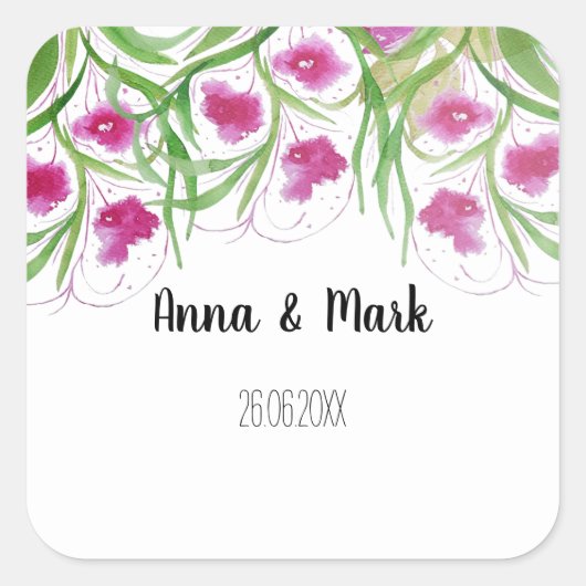 ピンクフローラ水彩手絵を描形 スクエアシール (正面)