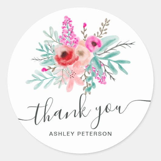 ピンクフローラ水彩花束トレンディー有難う ラウンドシール (正面)