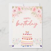 ピンクフローラ水彩誕生日招待状カード 招待状 (正面)