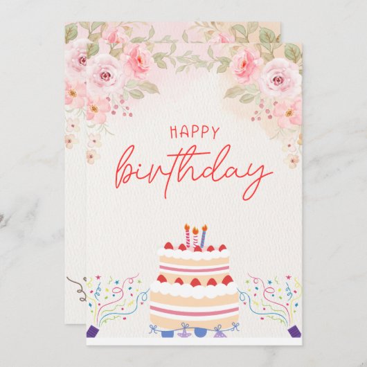 ピンクフローラ水彩誕生日招待状カード 招待状 (正面/裏面)