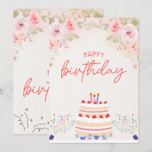 ピンクフローラ水彩誕生日招待状カード