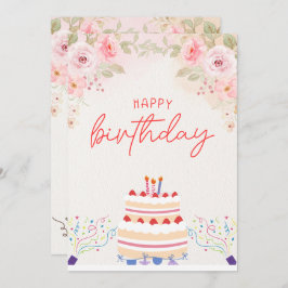 ピンクフローラ水彩誕生日招待状カード 招待状