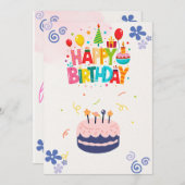 ピンクフローラ水彩誕生日招待状カード 招待状 (正面/裏面)