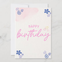 ピンクフローラ水彩誕生日招待状カード