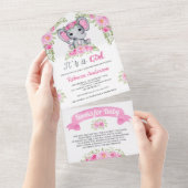 ピンクフローラ水彩象ベビーシャワー オールインワン招待状 (貼ってはがせる)