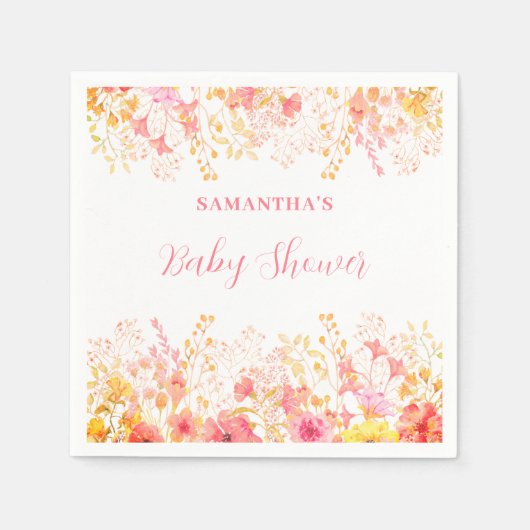 ピンクフローラ水彩赤ちゃんシャワー紙ナプキン スタンダードカクテルナプキン (正面)