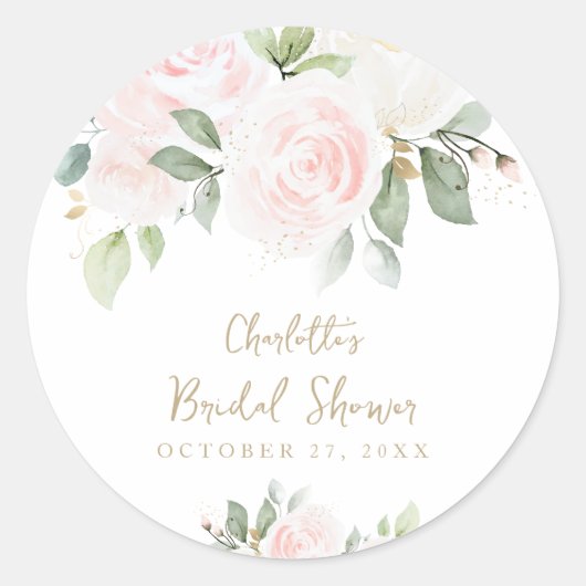 ピンクフローラ水彩金ゴールドブライダルシャワー ラウンドシール (正面)