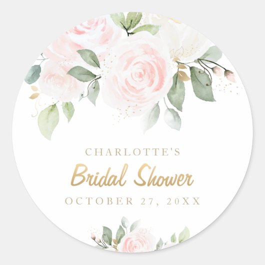 ピンクフローラ水彩金ゴールドブライダルシャワー ラウンドシール (正面)
