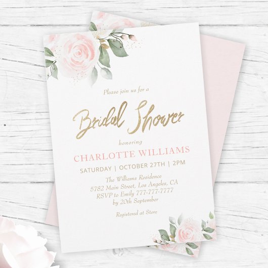 ピンクフローラ水彩金ゴールドブライダルシャワー 招待状