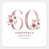 ピンクフローラ水彩60誕生日 スクエアシール (正面)