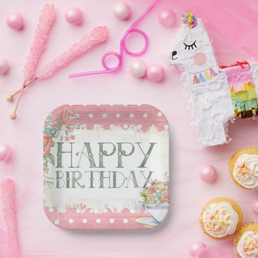 ピンクフローラ水玉模様誕生日スクエアパーティープレート ペーパープレート (パーティー)