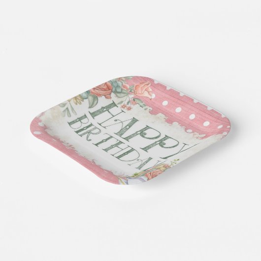 ピンクフローラ水玉模様誕生日スクエアパーティープレート ペーパープレート (傾斜あり)