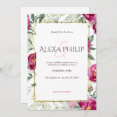 ピンクフローラ水色イラストレーション結婚ズ 招待状 (正面/裏面)